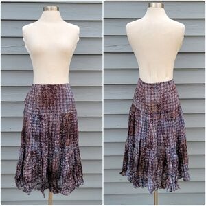 Peruvian Connection Flowy Summer Pleated Tiered Ruffle Floral Check Midi Skirt 8